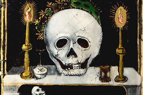 Plaque émaillée représentant une Vanité, tête de mort.