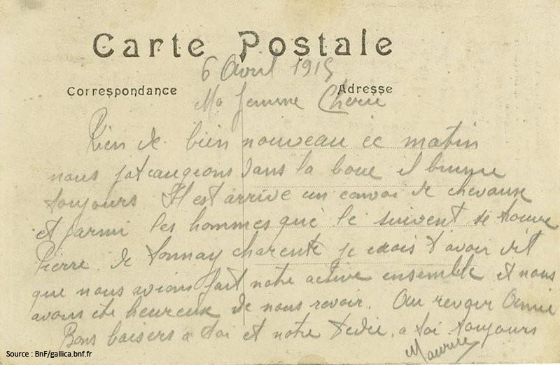 Carte d'un certain Maurice à sa "femme chérie", 6 avril 1915 