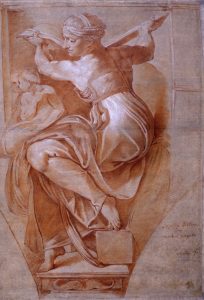 Jacques GAMELIN (Carcassonne, 1738 – Carcassonne, 1803), d’après MICHEL-ANGE (Caprese, 1475 – Rome, 1564) La Sybille de Lybie [étude d’après le plafond de la chapelle Sixtine] Sanguine et rehauts de craie blanche sur papier préparé, c. 1770-1771 Musée Paul-Dupuy, inv. 006.3.1