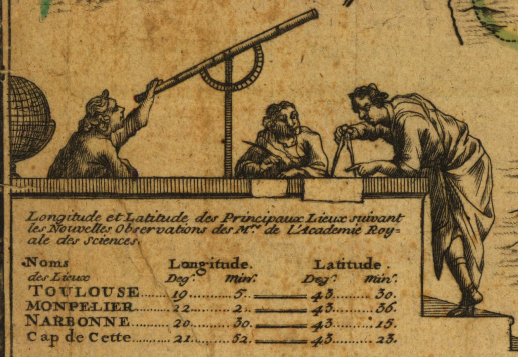 Détail de la carte de Nicolas de Fer, des géomètres faisant des calculs. 1712