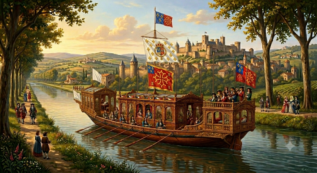 Evocation de la barque royale à partir de de la description de Jean Boude, 1681. Image générée par l'IA