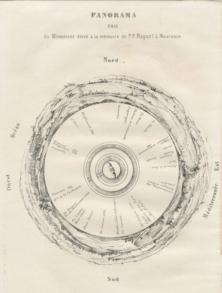Gravure de Constantin, Panorama du monument élevé à la mémoire de P.P Riquet à Naurouze. 1853